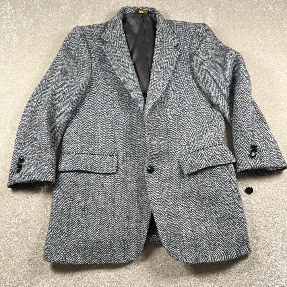 Harris Tweed Blazer‎ Vintage Wool 2 Button Herringbone Gray Men's No Size Tag